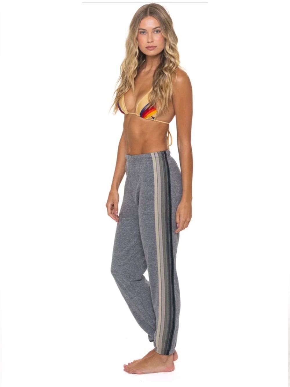 Aviator Nation Heather Gray Joggers Sweatpant Lounge 5 Stripe - Grey Navy - XS